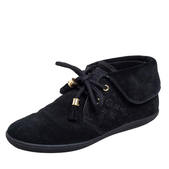 Louis Vuitton Black Booties Monogram Suede Tassel Ankle Foldover Sz 36 / 6 US